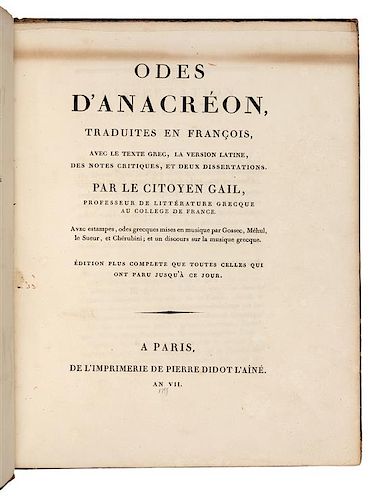 ANACREON (?572-?488 B.C.). Odes...traduites en francois... Paris: Didot l'aone, an VII [1799].