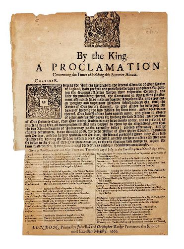 * [BARKER, Christopher]. By the King a Proclamation Concerning the Times of holding this Summer Assizes. London: 1660.
