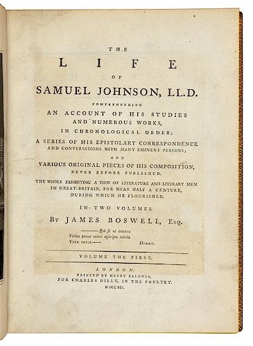 BOSWELL, James (1740-1795). The Life of Samuel Johnson. London: 1791. [With:] The Principal Corrections and Additions, 1791, 179