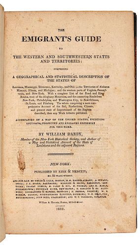 DARBY, William (1775-1854). The Emigrant's Guide to the Western and South-Western States and Territories. New York: 1818. FIRST