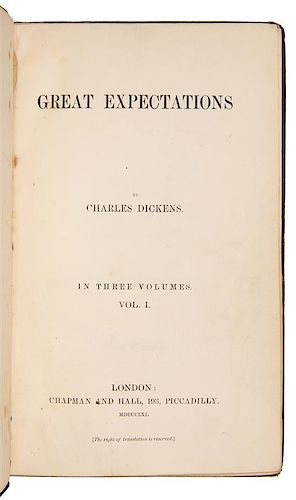 DICKENS, Charles. Great Expectations. London: 1861. FIRST EDITION, vol. I second issue, vol. II FIRST ISSUE, vol. III third issu
