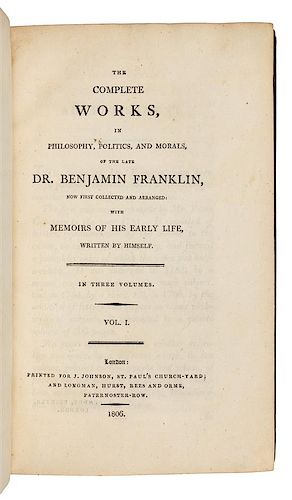 Franklin, Benjamin (1706-1790). Works. London: J. Johnson and Longman, Hurst, Rees and Orme, 1806.
