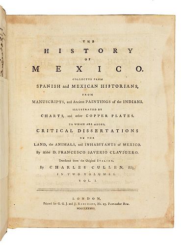 CLAVIGERO, Francisco Saverio (1731-1787). The History of Mexico. London, 1787. 1st Edition in English, Samuel Enderby's copy.