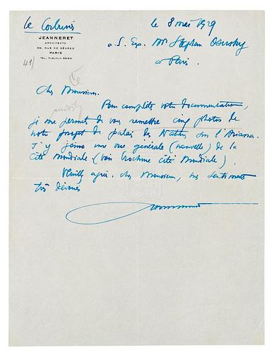 * LE CORBUSIER, Charles Édouard Jenneret. Autographed letter signed ("Le Corbusier"), to Mr. Srefan Osusky, Paris, 8 May 1929.