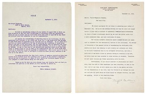 [WRIGHT BROTHERS]. WRIGHT, Wilbur. Typed letter signed ("Wright Brothers W.W."), to Funk & Wagnalls Company. Dayton, OH, 1910.