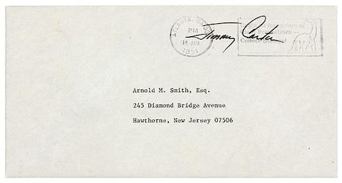 CARTER, Jimmy, President. Autograph free frank ("Jimmy Carter"), on typed addressed cover. To Arnold M. Smith, Hawthorne, NJ, 19