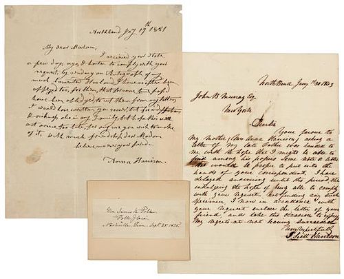 [FIRST LADIES]. A group of autograph free franks and autographs by Anna Tuthill Symmes Harrison  and Sara Childress Polk, compri