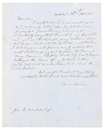HARRISON, Anna Tuthill Symmes, First Lady. Autograph letter signed ("Anna Harrison"), Northbend, Ohio. To Joseph R. Winchell, 18