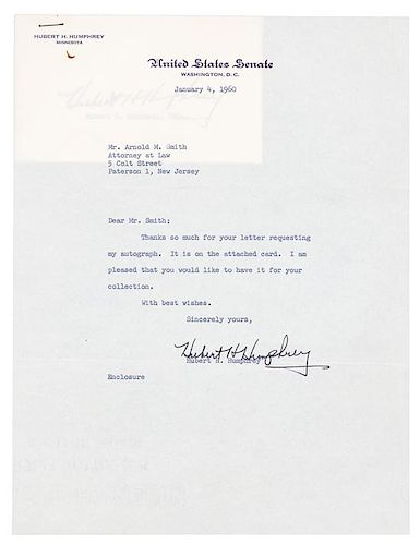 HUMPHREY, Hubert H., Vice President. Typed letter signed ("Hubert H. Humphrey"), as United States Senator. To Arnold Smith, 1960
