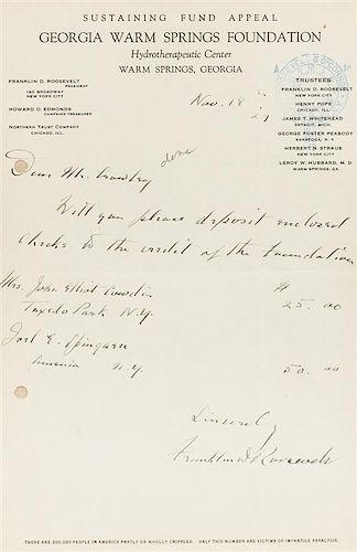 * ROOSEVELT, Franklin Delano (1882-1945). Autographed letter signed ("Franklin D. Roosevelt"), to Mr. Crowley, 18  November 1921