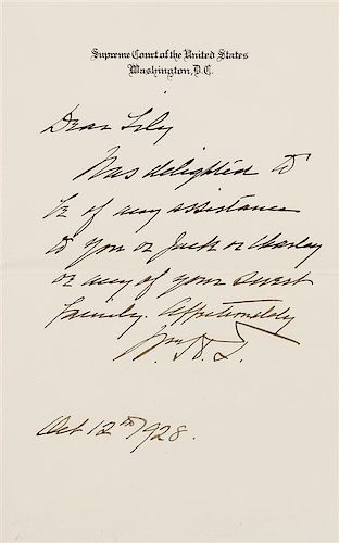 * TAFT, William Howard. Autographed letter signed ("Wm. H.T."), as Chief Justice of the Supreme Court, to Lily, Washington, D.C.