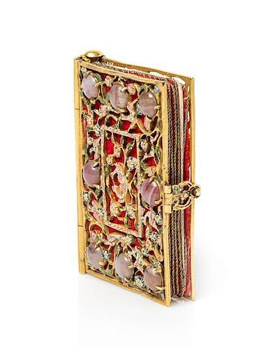 A Dutch Gilt Metal, Enamel and Hardstone Needle Case, Height 2 1/4 x width 1 1/2 inches.