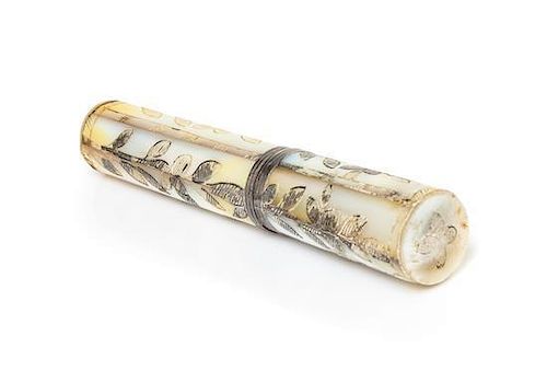 A French Silver Inlaid Mother-of-Pearl Bodkin Case, Length 3 7/8 inches.