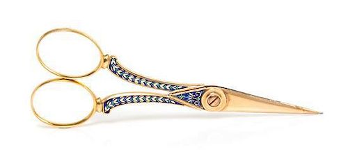 A Pair of Continental Enameled Gilt Metal Scissors, Length 4 1/8 inches.