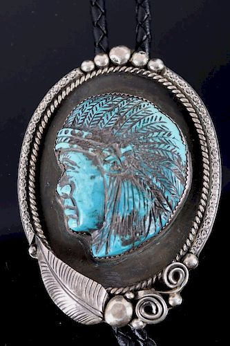 Navajo Chief's Bust Carved Turquoise Bolo Tie