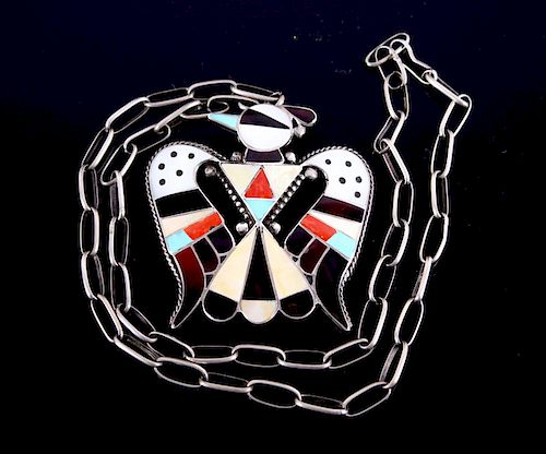 Zuni Mosaic Inlay Thunderbird Silver Necklace