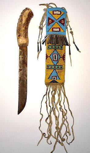 Arapaho Fully Beaded Sheath & Trail Knife c. 1880-