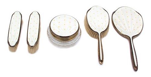 A Five-Piece English Silver and Enamel Vanity Set