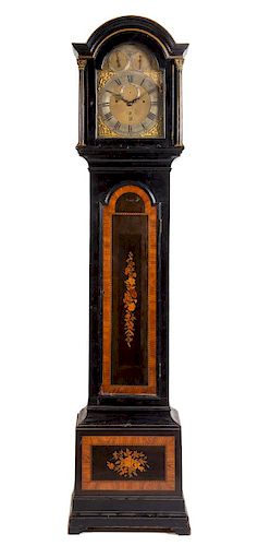A Charles II Style Ebonized and Marquetry Decorated Tall Case Clock Height 90 inches.