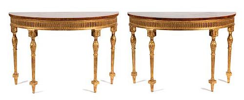 A Pair of George III Style Parcel-Gilt and Inlaid Satinwood Consoles