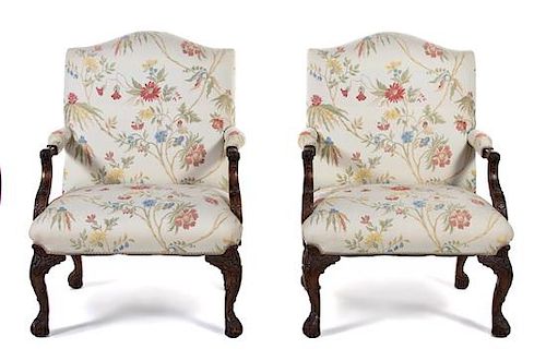 A Pair of George III Style Carved Mahogany Library Armchairs