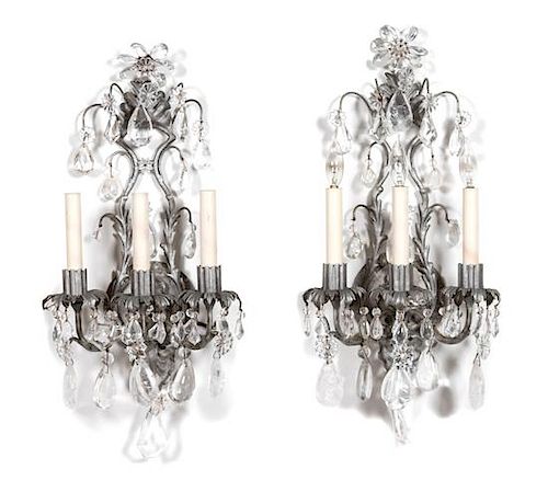 A Set of Four Louis XV Style Silvered Metal, Rock Crystal and Glass Three-Light Sconces