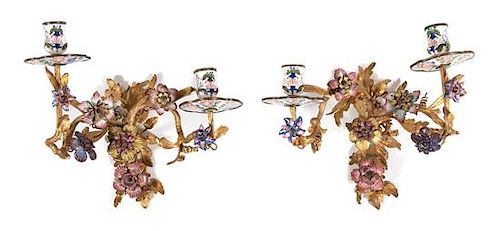 A Pair of Rococo Style Gilt-Bronze and Enamel Two-Light Sconces