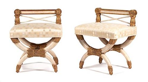 A Pair of Empire Style Parcel-Gilt and Cream-Painted Stools
