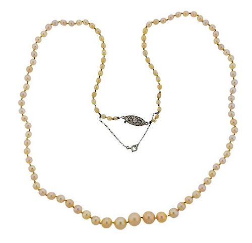Antique Platinum 18K Gold Pearl Graduated Bead Necklace