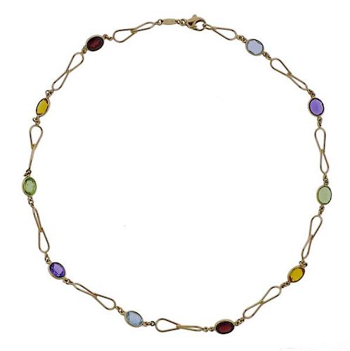 14K Gold Multi Color Gemstone Link Necklace 