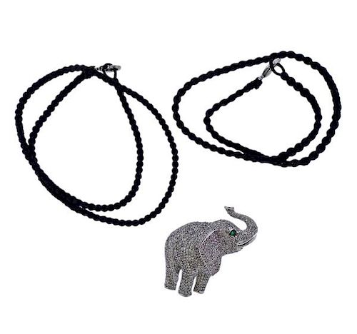 18k Gold Diamond Elephant Pendant Brooch Cord Necklace 