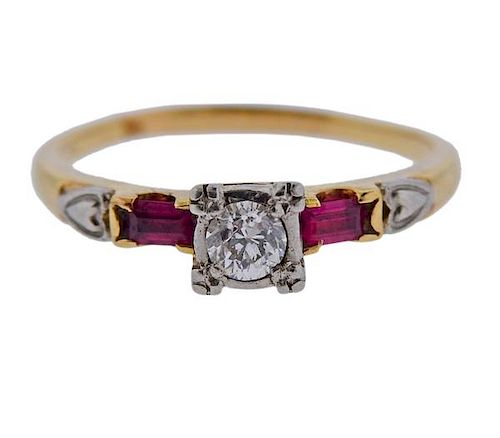 1940s 14K Gold Diamond Red Stone Ring