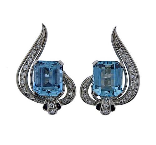 Mid Century Platinum Aquamarine Diamond Earrings 