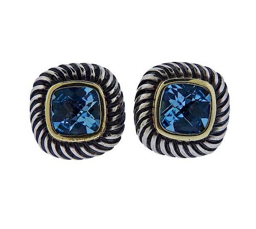 David Yurman Silver 14k Gold Blue Topaz Earrings 