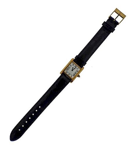 Signed Cartier Tank 18K Gold Plated Lady&#39;s Manual Wind Watch