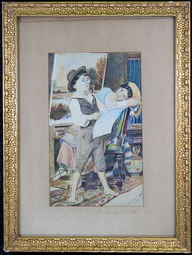 Signed, 1922 Watercolor "Imitating Father"