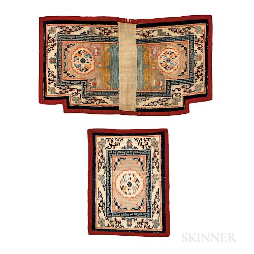 Tibetan Saddle Rug Set, western China, c. 1910, 2 ft. 4 in. x 1 ft. 9 in.; 3 ft. 8 in. x 1 ft. 10 in.  Provenance:  The Ca...