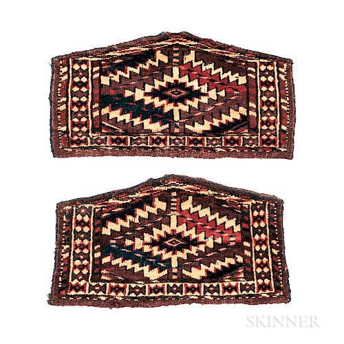 Pair of Yomud Camel Knee Pads, Central Asia, c. 1900, 8 in. x 15 in. each.   Provenance:  The Cadle Collection.