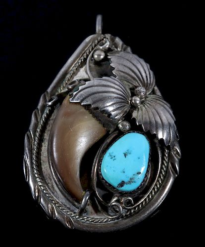 Navajo Silver & Turquoise Bear Claw Pendant