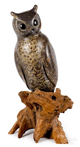 Folk art carved and painted owl decoy