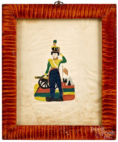 Folk art watercolor of a soldier with cannon