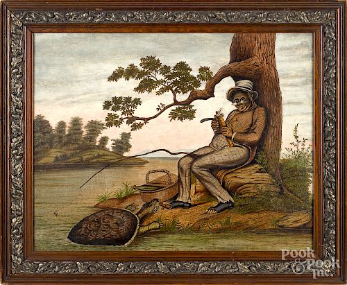 Oil on canvas scene of a black gentleman fishing