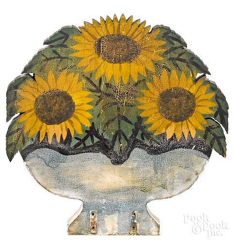 Painted urn-form fire screen of sunflowers