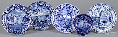 Five Staffordshire historical blue plates