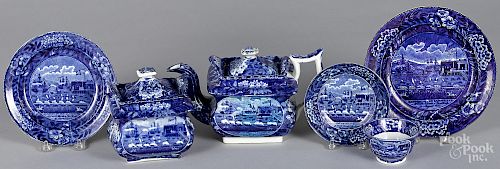 Six pieces of Staffordshire historical blue Landing of Lafayette