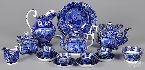 Fifteen pieces of Staffordshire historical blue Rebecca at the Well