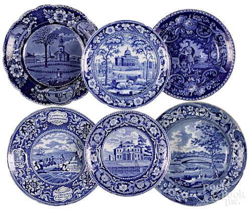 Six Staffordshire historical blue plates