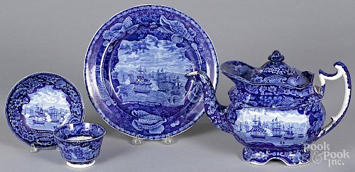 Four pieces of Staffordshire historical blue Commodore Macdonough's Victory