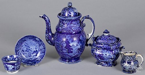 Five pieces of Staffordshire historical blue Lafayette at Franklin's Tomb