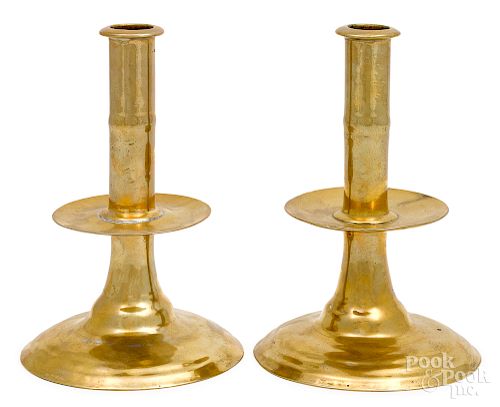 Pair of English brass trumpet candlesticks